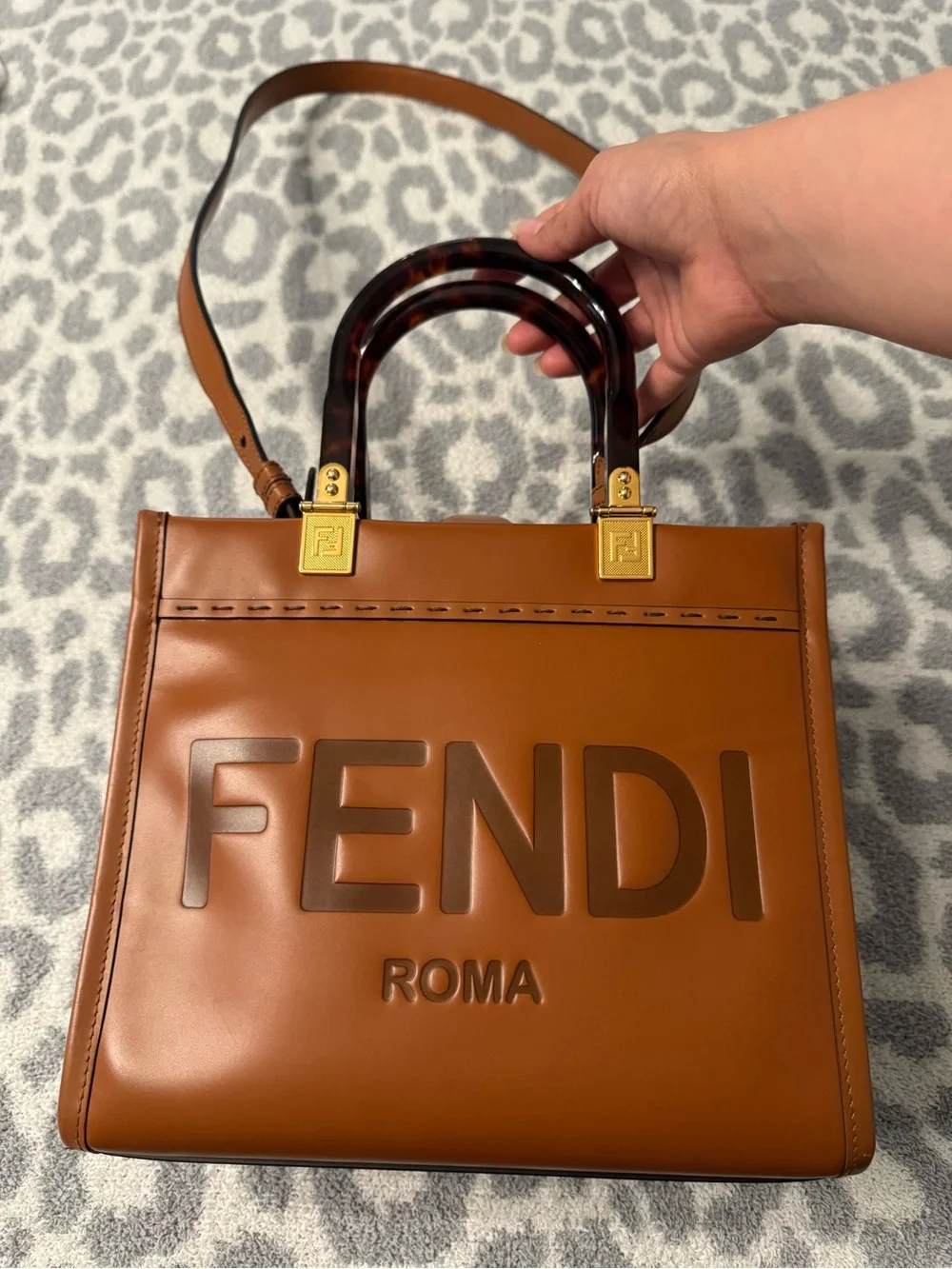 Fendi Sunshine Leather Tote with Tortoiseshell Handles